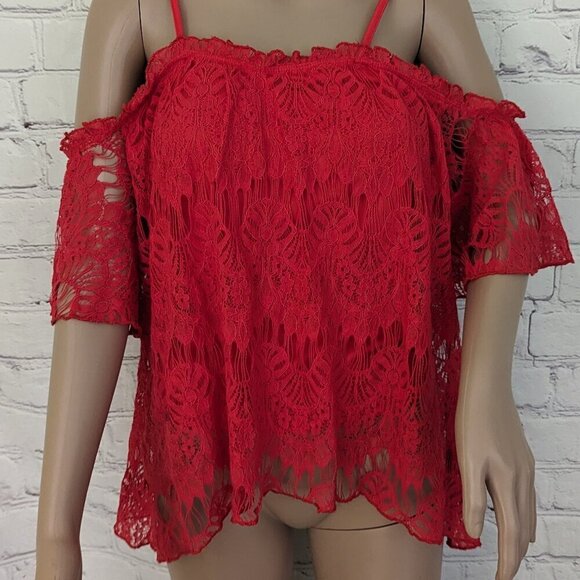 LOVE, FIRE Red Cold Shoulder Lace Ruffle Spaghetti Strap Short Sleeve Top M - Picture 2 of 6